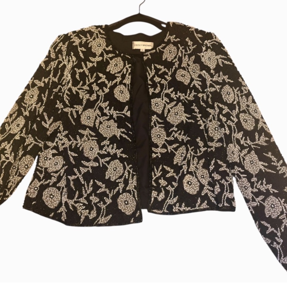BLACK FRIDAY DEAL Vintage Cecily Brown 100% silk Beaded Floral B&W Jacket L